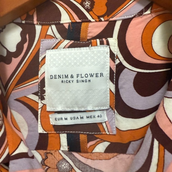 Denim & Flower Swirl Design Shirt in Pink and Brown - Picture 3 of 4